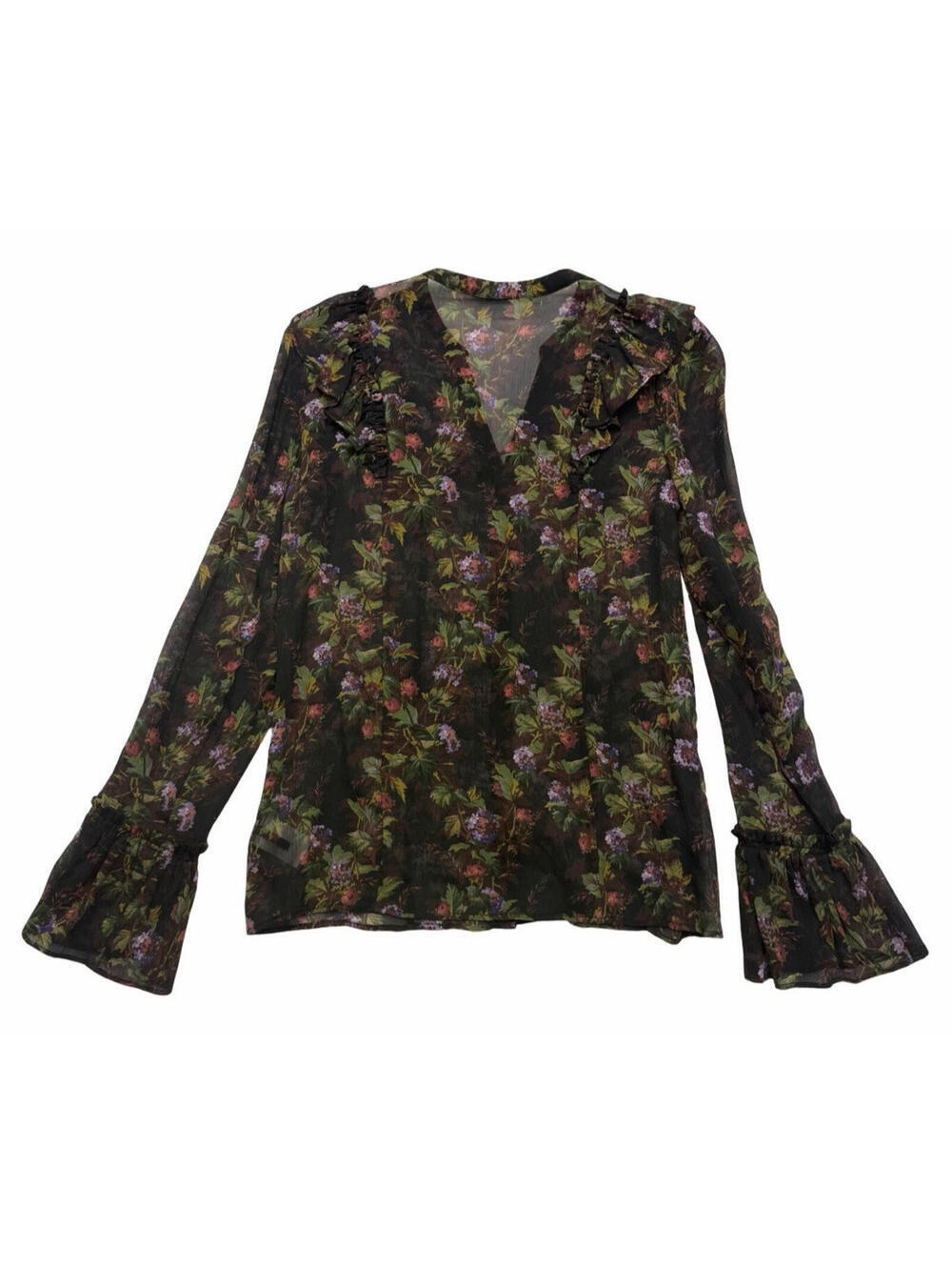 Paige Tuscany Silk Blouse Ruffled Floral Print Black Size S